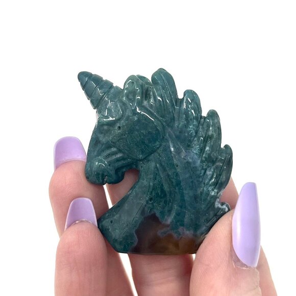 **SOLD*Green Moss Agate chalcedony unicorn carving natural healing crystal stone - Picture 5 of 9